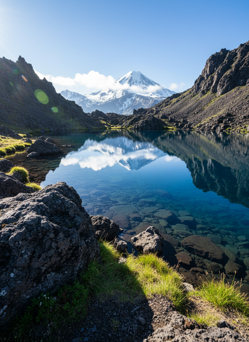 A striking, crystalline blue alpine lake reflecting snow-capped volcanic peaks in the distance, surrounded by rugged black lava rocks and tufts of green grass. The lake’s surface is glassy and pristine, contrasting with the raw volcanic textures around it. Sharp directional sunlight slices in from the side, creating crisp shadows on the rocks and highlighting the clarity of the water. The mood is bold and awe-inspiring, evoking both serenity and adventure. Captured from an eye-level perspective with sharp focus throughout, the minimalist background emphasizes the grandeur of nature. The photographic realism and clean composition suit an adventure tourism brand.