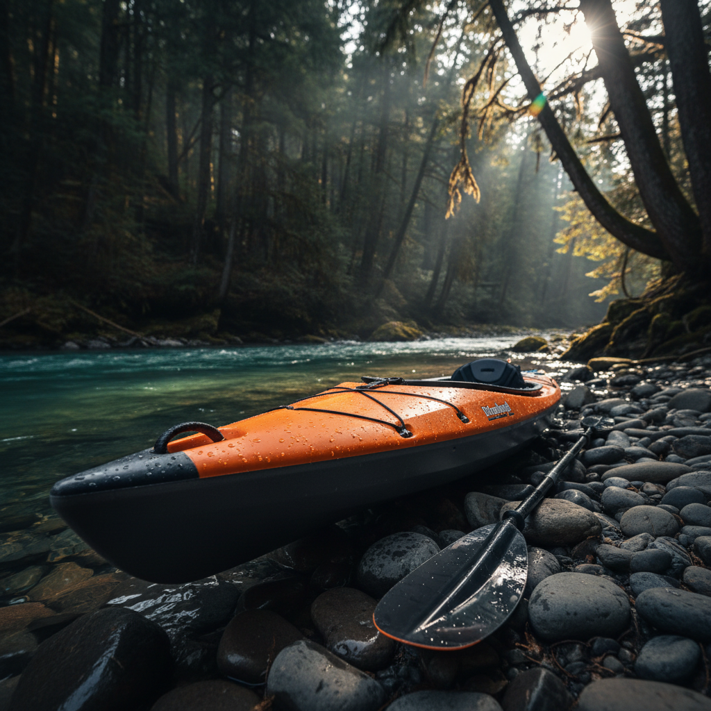 A vibrant orange-and-black ultralight kayak resting on smooth basalt stones at the edge of a turquoise river, just beneath the looming shadows of ancient forest trees. The kayak’s hard polycarbonate shell glistens with water droplets, and the reflective paddle lies beside it. Dramatic side lighting pierces through the forest canopy, casting sharp, directional shadows and illuminating the kayak’s dynamic lines. The atmosphere is energetic and daring, with a minimalist background focusing on the kayak itself. Shot from a low-angle close-up, the crisp detail and bold composition embody the thrill of outdoor exploration in photographic realism.