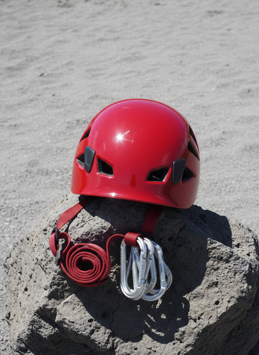 A chunky, red climbing helmet with glossy, impact-resistant plastic and matte black ventilation slots, perched atop a rugged, textured basalt boulder. The helmet’s chin strap is artistically coiled, and climbing carabiners dangle from the side. Positioned against a minimalist backdrop of pale, rough volcanic ash with sharp shadows underneath, lit by high midday sun. The composition uses centered, tight framing to emphasize the helmet’s form and purpose while the deep shadows and contrast convey intensity and risk. The overall effect is bold, clean, and powerful, embodying the spirit of adventure tourism.