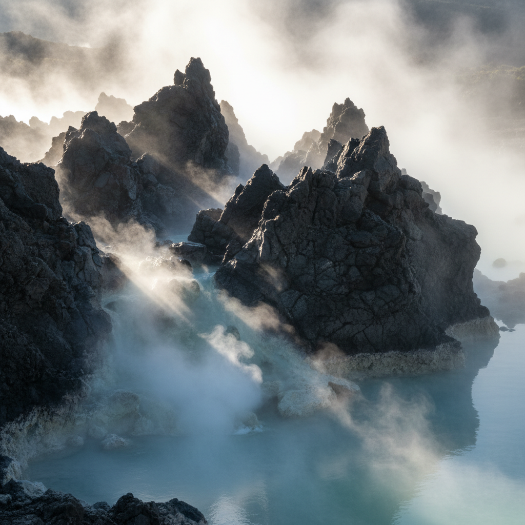 Jagged, charcoal-black volcanic rock formations jutting from a bed of pale, misty thermal steam rising from a shallow geothermal pool. The rocks glisten with condensation, their sharp edges highlighted by strong, directional morning light. The pool’s turquoise water and swirls of steam create soft visual layers, while the minimal environment keeps focus on the powerful geological forms. The mood is both mysterious and invigorating, captured with a slightly elevated angle and sharp contrast. Photographic realism and minimalist style emphasize the wild, untamed beauty of Pucón’s volcanic landscape.