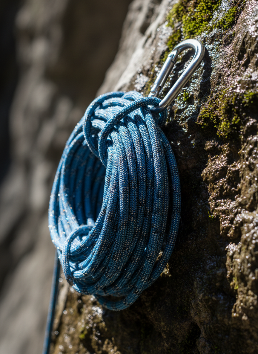 A sturdy, iridescent blue and graphite canyoning rope neatly coiled beside a wet, moss-covered cliff edge, water droplets sparkling on the fibers. The cliff’s textured rock contrasts with the rope’s synthetic sheen, and a carabiner fastened to the rope gleams in the crisp sunlight. The rest of the setting is minimalist, with a blurred, purist grey background and pronounced shadows cast across the rock face. Captured from a close-up, side-on angle with high-impact, sharp lighting, the composition feels bold and purposeful, mirroring the bold personality and adventure essence of the site.